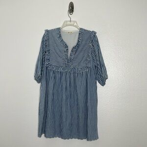 Saint Geraldine Blue White Striped Short Sleeve Scallop Hem Ruffle Detail Dress